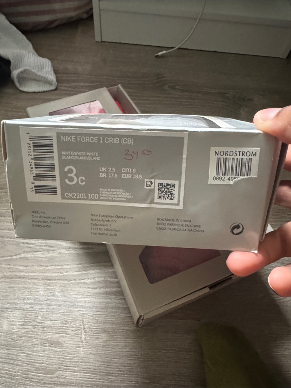 Nike white and gray Force 1 Crib (3C) Shoe Box